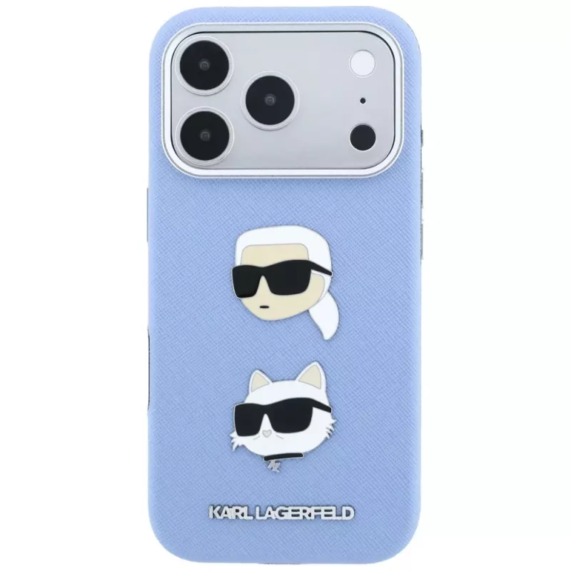 Karl Lagerfeld KF003247 Saffiano ar Karl & Choupette Heads Pins & Logo telefona vāciņš iPhone 18 Pro / 17 Pro, gaiši zilā krāsā