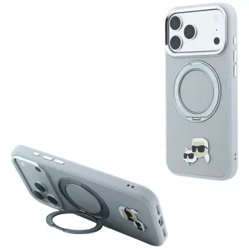 Karl Lagerfeld KF003229 apvalks ar 360 gredzenu-turētāju Karl & Choupette Heads Pin MagSafe iPhone 18 Pro / 17 Pro, pelēks