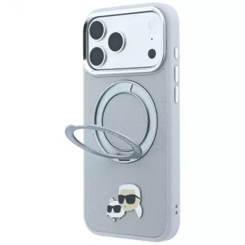 Karl Lagerfeld KF003229 apvalks ar 360 gredzenu-turētāju Karl & Choupette Heads Pin MagSafe iPhone 18 Pro / 17 Pro, pelēks