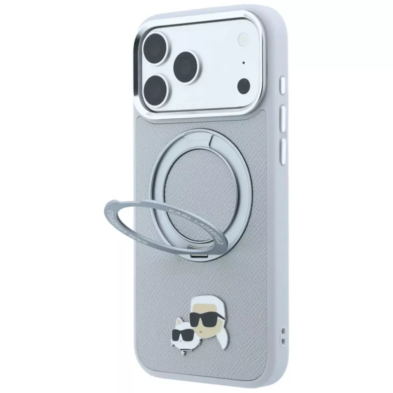 Karl Lagerfeld KF003229 apvalks ar 360 gredzenu-turētāju Karl & Choupette Heads Pin MagSafe iPhone 18 Pro / 17 Pro, pelēks