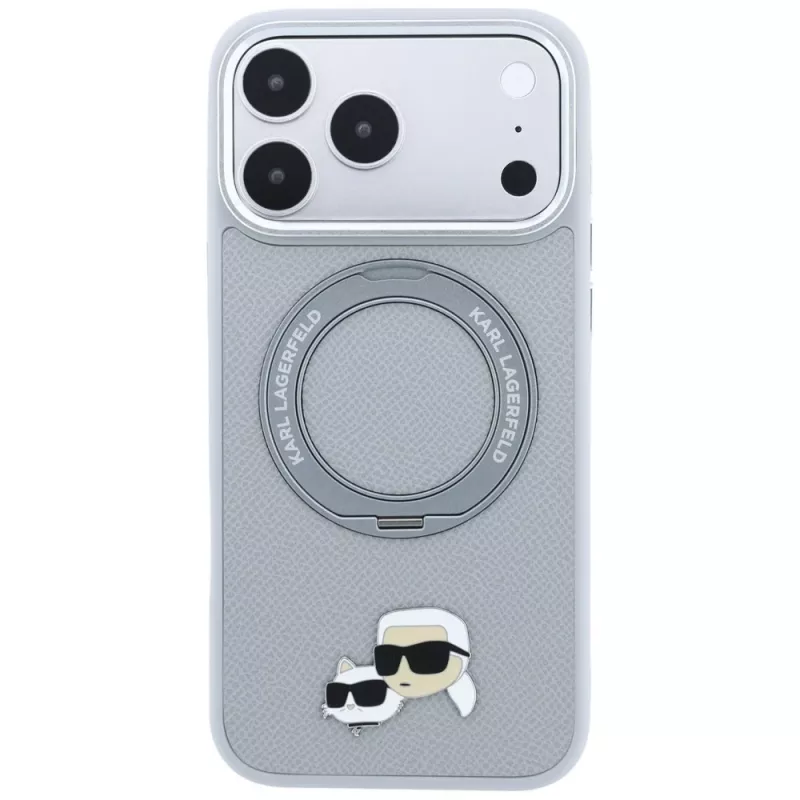 Karl Lagerfeld KF003229 apvalks ar 360 gredzenu-turētāju Karl & Choupette Heads Pin MagSafe iPhone 18 Pro / 17 Pro, pelēks