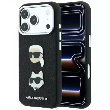 Karl Lagerfeld KF003249 Saffiano with Karl & Choupette Heads Pins & Logo vāciņš iPhone 18 Pro / 17 Pro, melns