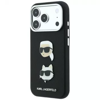 Karl Lagerfeld KF003249 Saffiano with Karl & Choupette Heads Pins & Logo vāciņš iPhone 18 Pro / 17 Pro, melns