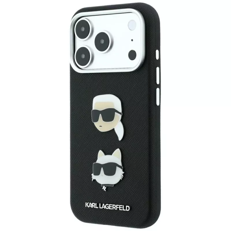 Karl Lagerfeld KF003249 Saffiano with Karl & Choupette Heads Pins & Logo vāciņš iPhone 18 Pro / 17 Pro, melns