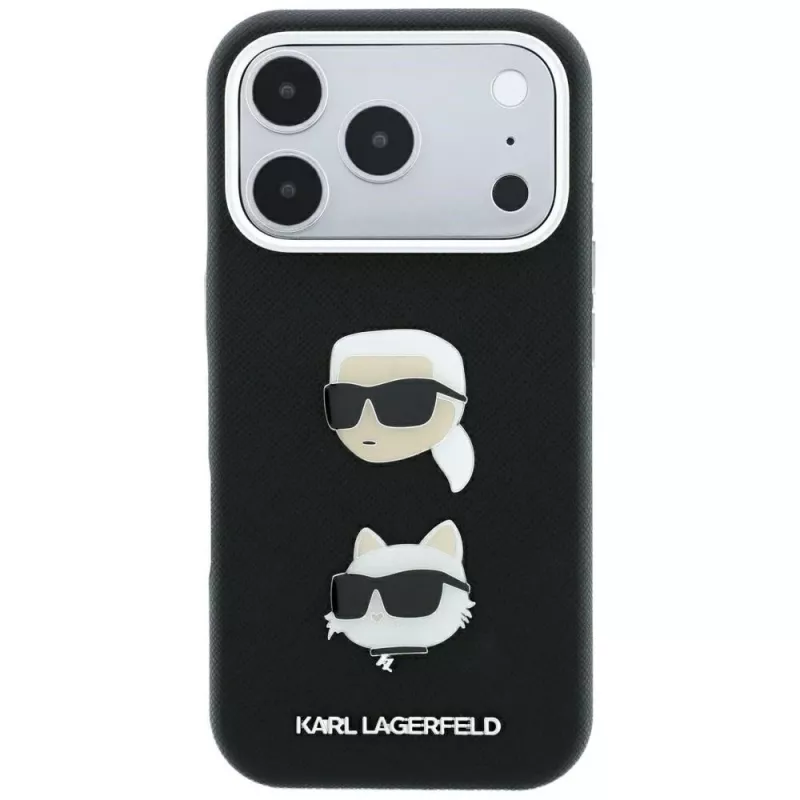 Karl Lagerfeld KF003249 Saffiano with Karl & Choupette Heads Pins & Logo vāciņš iPhone 18 Pro / 17 Pro, melns