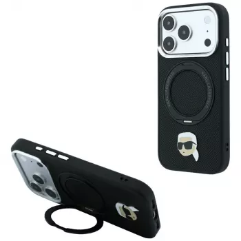 Karl Lagerfeld vāciņš ar MagSafe, gredzenu-statīvu 360 un Karl Head Pin tālruņiem iPhone 18 Pro / 17 Pro, melns