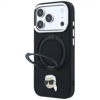 Karl Lagerfeld vāciņš ar MagSafe, gredzenu-statīvu 360 un Karl Head Pin tālruņiem iPhone 18 Pro / 17 Pro, melns
