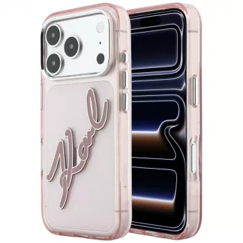Karl Lagerfeld KF003384 IML Big Signature Resin Metal Frame vāciņš tālrunim iPhone 18 Pro Max / 17 Pro Max, rozā