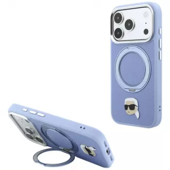 Karl Lagerfeld KF003237 with Ring Stand 360 Karl Head Pin MagSafe vāciņš tālrunim iPhone 18 Pro / 17 Pro, gaiši zils
