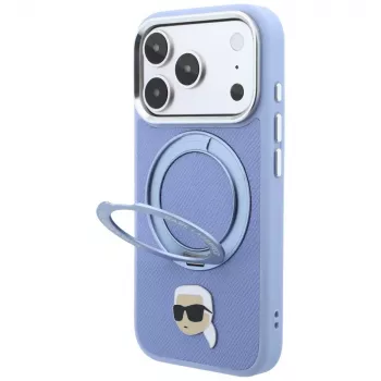 Karl Lagerfeld KF003237 with Ring Stand 360 Karl Head Pin MagSafe vāciņš tālrunim iPhone 18 Pro / 17 Pro, gaiši zils