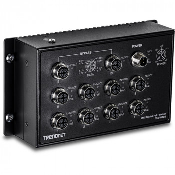 TRENDnet TI-XPG102 rūpnieciskais tīkla slēdzis, EN50155, M12, Gigabit PoE+, 10 portu, dzelzceļam