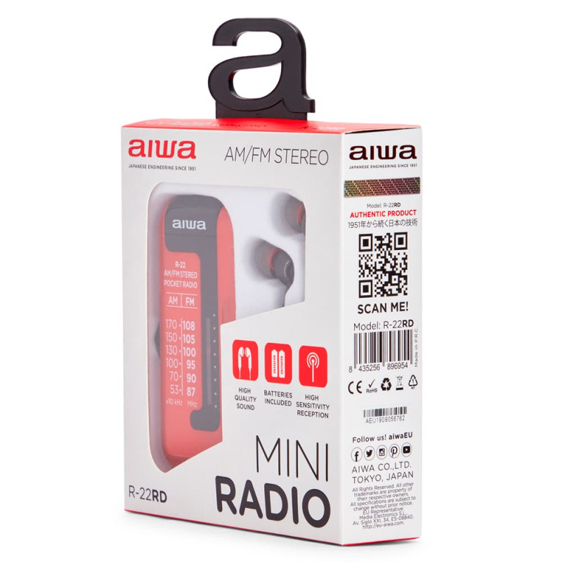 AIWA R-22RD kabatas radiouztvērējs ar austiņām, sarkanā krāsā