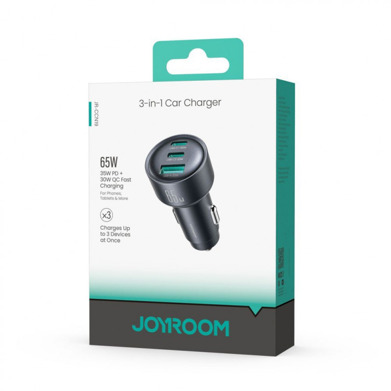 Joyroom JR-CCN19 lādētājs automašīnai, 65 W, 2x USB-C + USB-A, tumši pelēkā krāsā