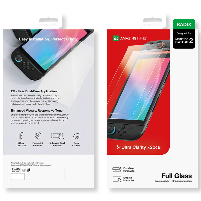 AmazingThing Radix Full Glass rūdīts aizsargstikls Nintendo Switch 2 konsolei (2 gab.)
