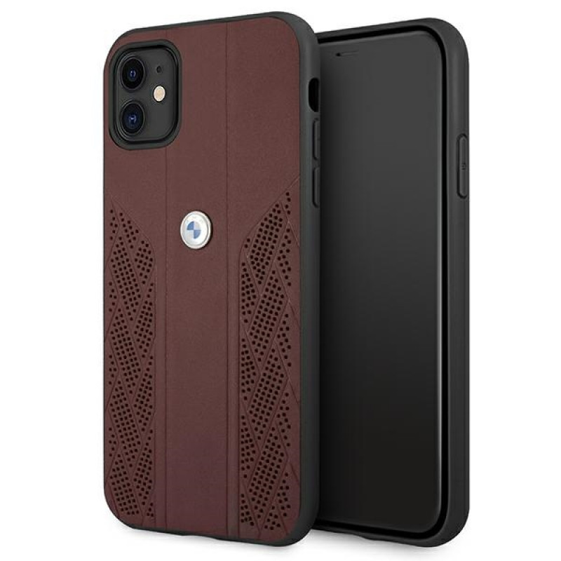 BMW BMHCN61RSPPR Leather Curve Perforate cietais apvalks tālrunim Apple iPhone 11, sarkans
