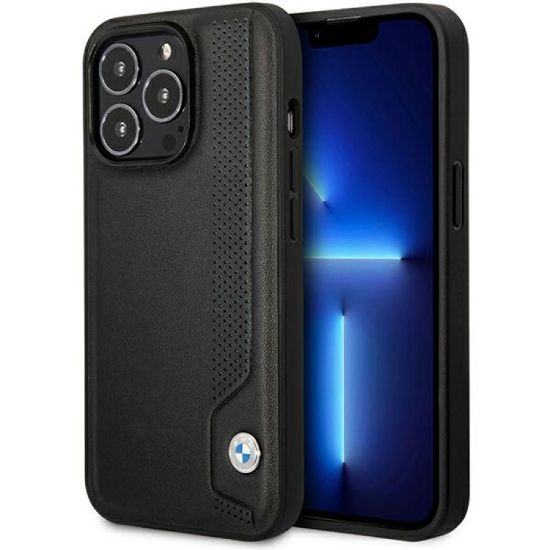 BMW BMHCP14L22RBDK Leather Blue Dots cietais vāciņš priekš iPhone 14 Pro 6,1", melns