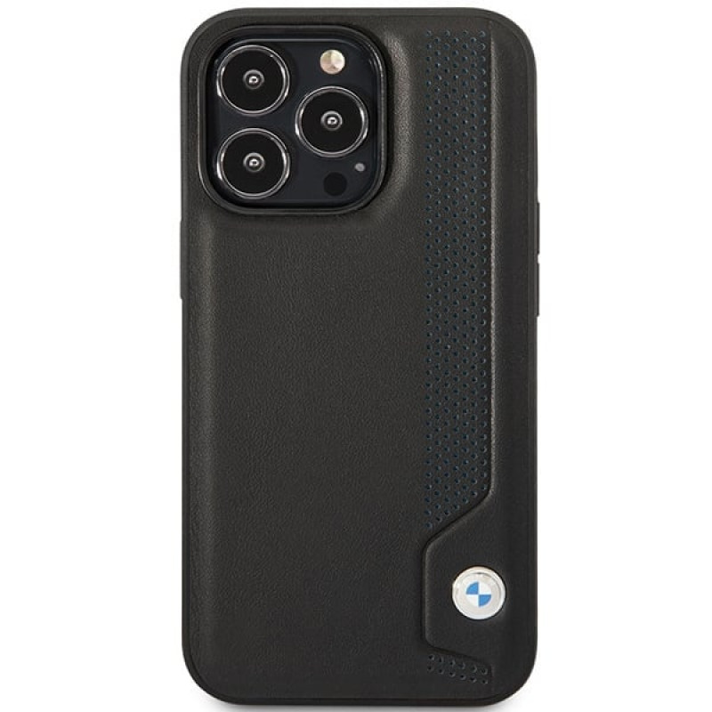 BMW BMHCP14L22RBDK Leather Blue Dots cietais vāciņš priekš iPhone 14 Pro 6,1", melns