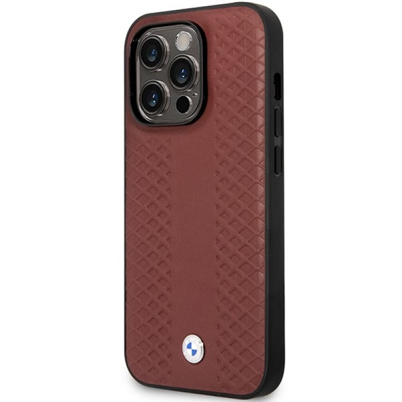 BMW BMHCP14L22RFGR Leather Diamond Pattern cietais vāciņš priekš iPhone 14 Pro 6,1", bordo sarkans