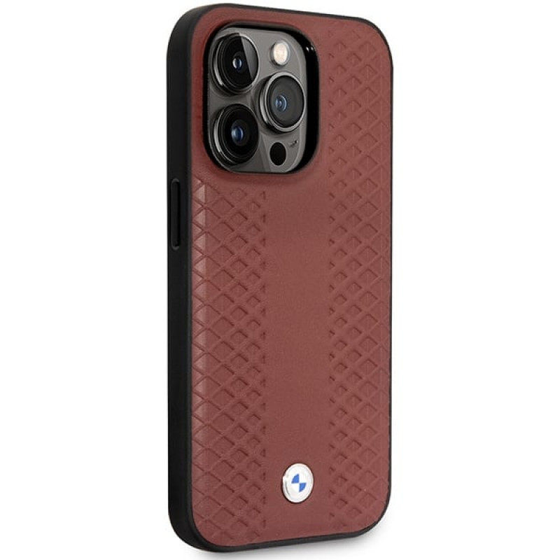 BMW BMHCP14L22RFGR Leather Diamond Pattern cietais vāciņš priekš iPhone 14 Pro 6,1", bordo sarkans