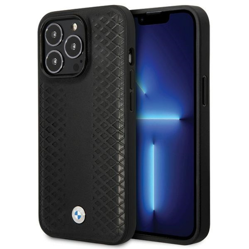 BMW BMHCP14L22RFGK Leather Diamond Pattern cietais vāciņš priekš iPhone 14 Pro 6,1", melns