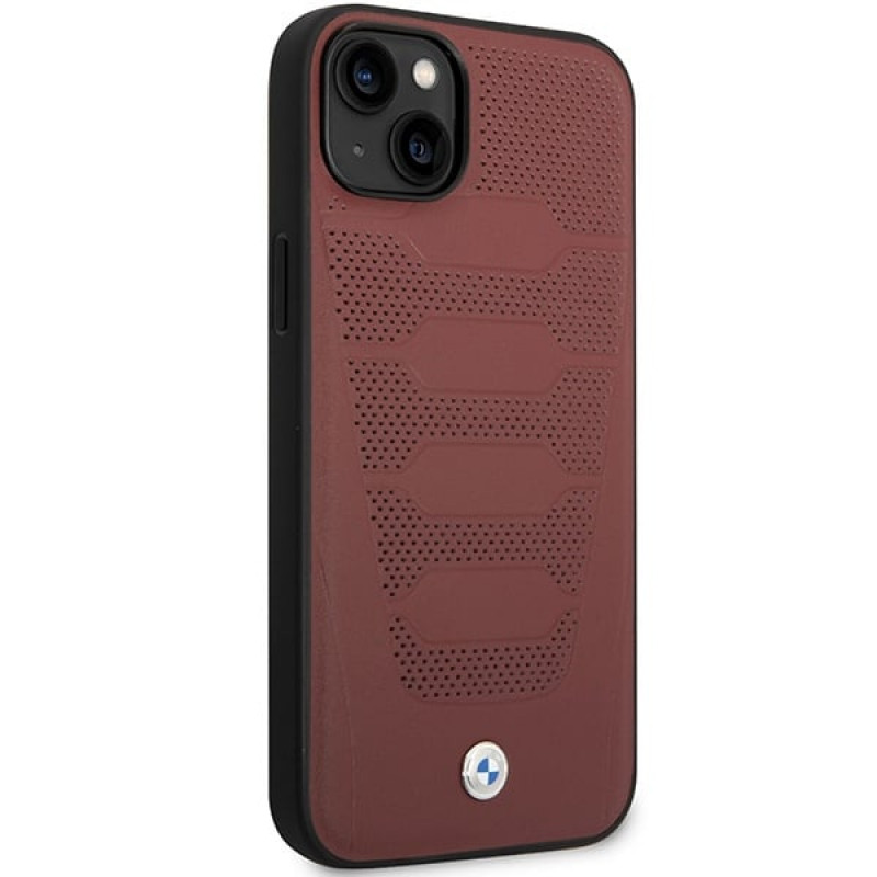 BMW BMHCP14S22RPSR apvalks priekš iPhone 14, bordo krāsā, Leather Seats Pattern