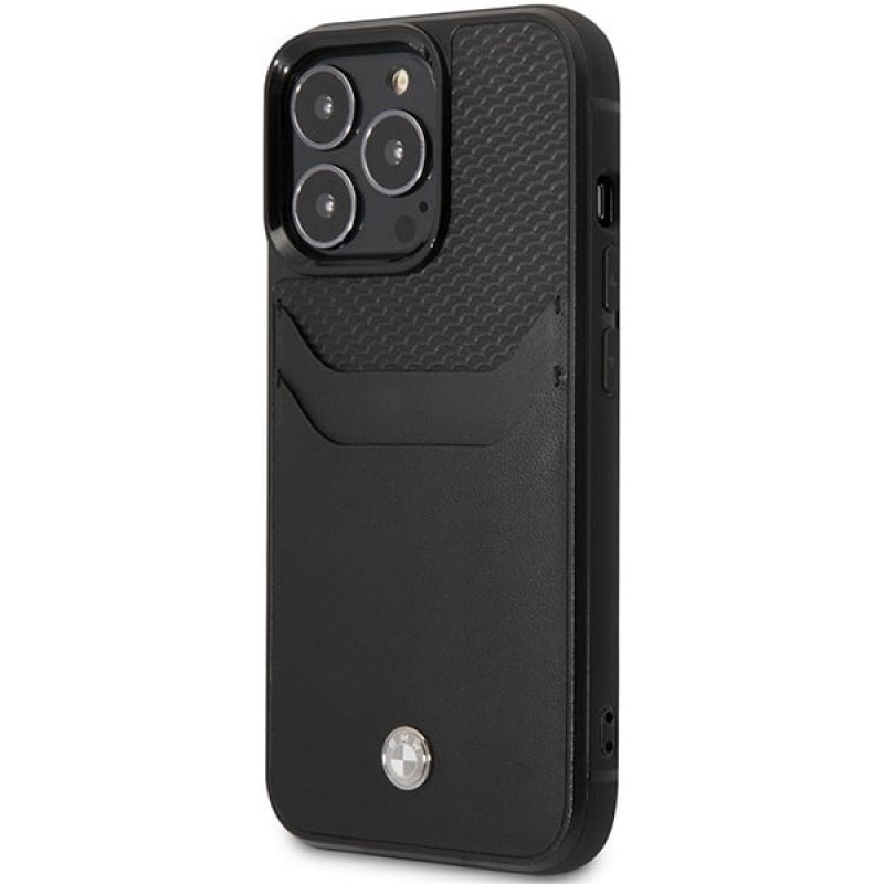 BMW BMHCP14L22RSEPK apvalks priekš iPhone 14 Pro, melns, Leather Card Slot
