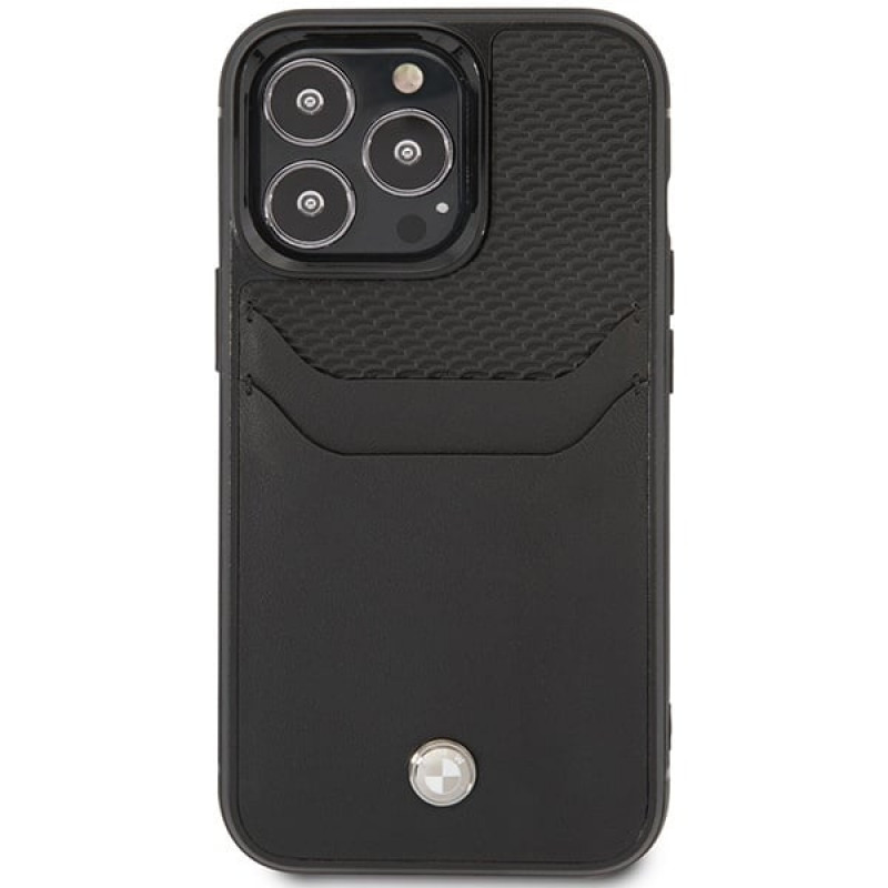 BMW BMHCP14L22RSEPK apvalks priekš iPhone 14 Pro, melns, Leather Card Slot