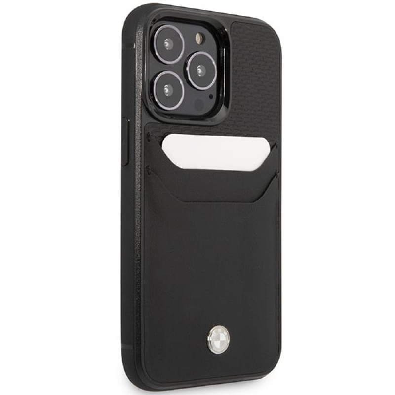BMW BMHCP14L22RSEPK apvalks priekš iPhone 14 Pro, melns, Leather Card Slot