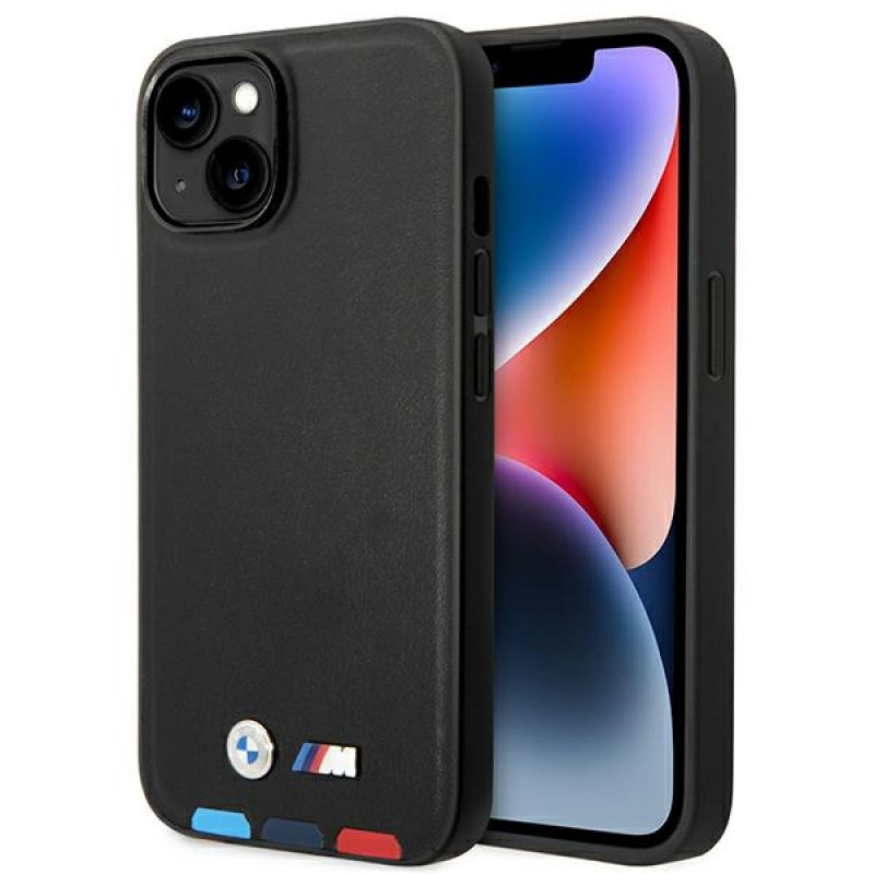 BMW BMHCP14M22PTDK apvalks priekš iPhone 14 Plus, melns, Leather Stamp Tricolor
