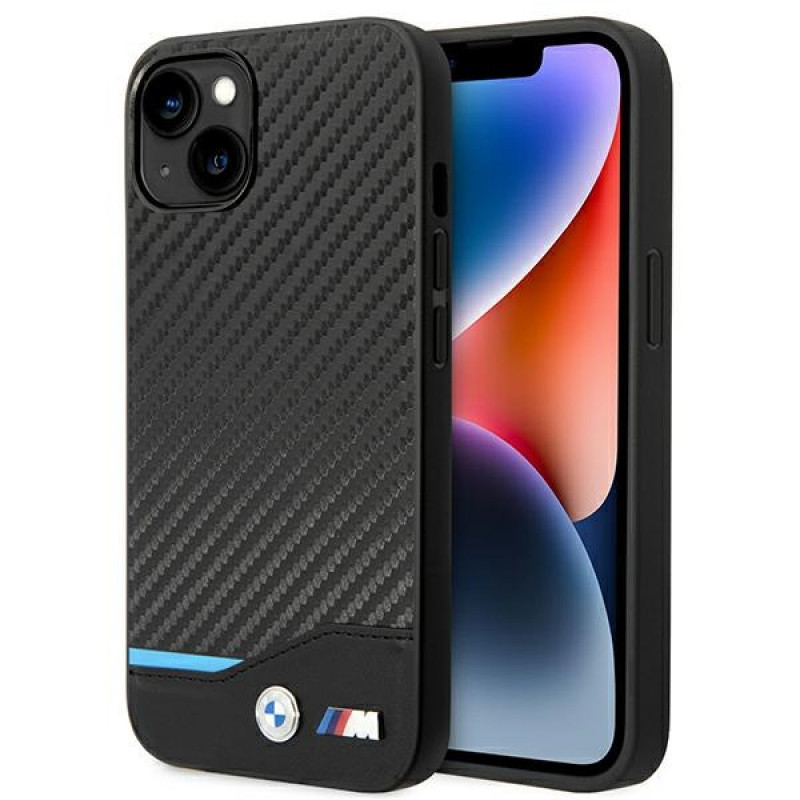 BMW BMHCP14M22NBCK apvalks priekš iPhone 14 Plus, melns, Leather Carbon