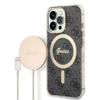 Guess GUBPP13LH4EACSK komplekts ar vāciņu un bezvadu lādētāju Apple iPhone 13 Pro, melns cietais vāciņš 4G Print MagSafe