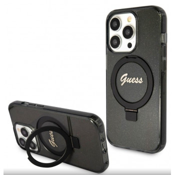 Guess GUHMP15LHRSGSK Ring Stand Script Glitter MagSafe cietais vāciņš Apple iPhone 15 Pro, melns