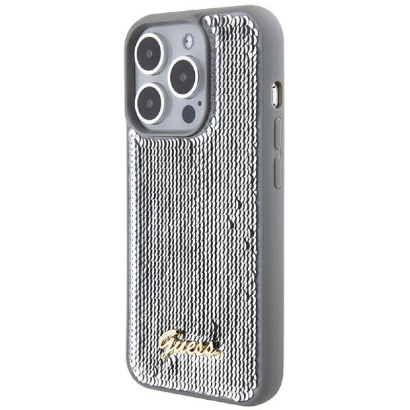Guess Sequin Script Metal cietais maciņš Apple iPhone 15 Pro Max, sudraba
