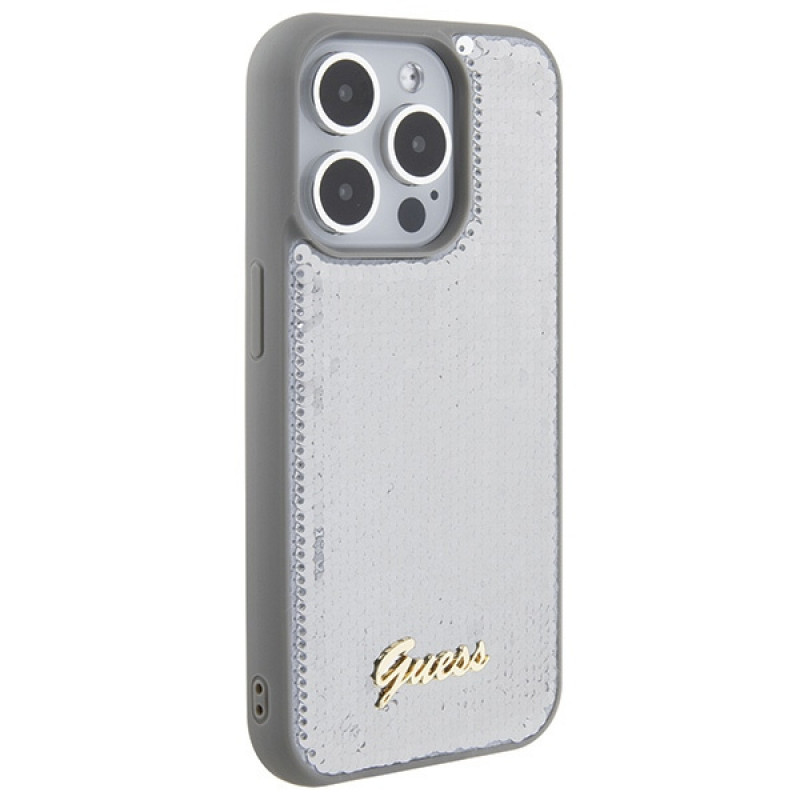 Guess Sequin Script Metal cietais maciņš Apple iPhone 15 Pro Max, sudraba