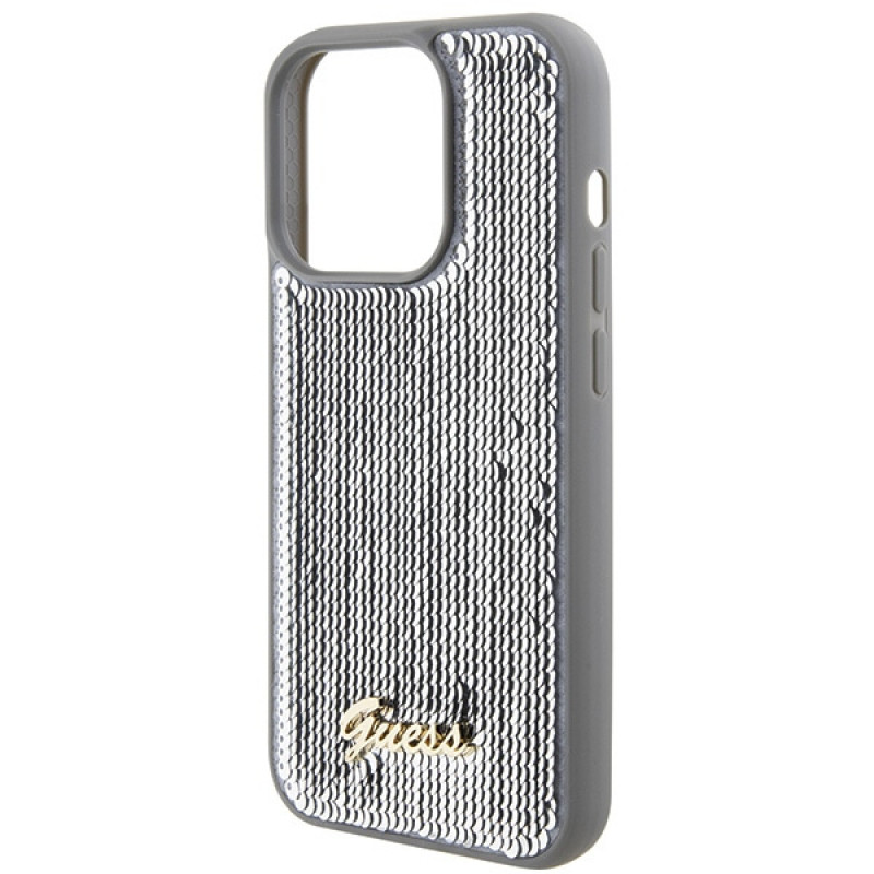 Guess Sequin Script Metal cietais maciņš Apple iPhone 15 Pro Max, sudraba