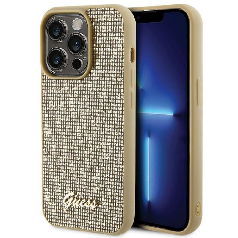 Guess Disco Metal Script hardcase Apple iPhone 15 Pro viedtālruņa maciņš, zelta krāsā, GUHCP15LPMSDGSD