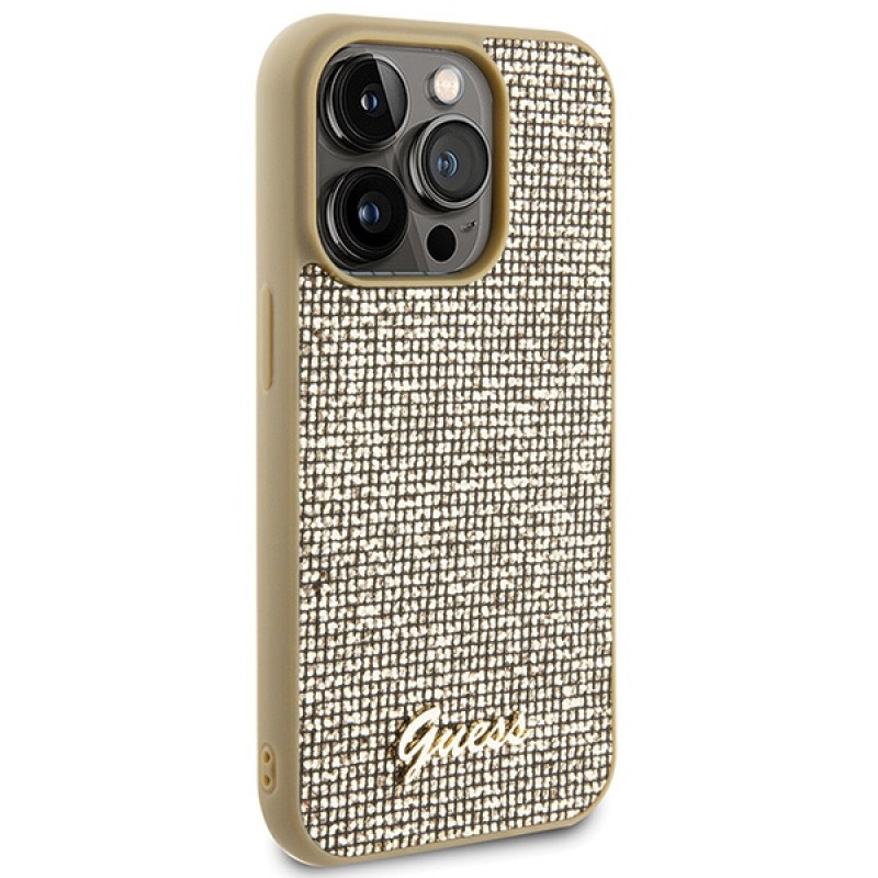Guess Disco Metal Script hardcase Apple iPhone 15 Pro viedtālruņa maciņš, zelta krāsā, GUHCP15LPMSDGSD