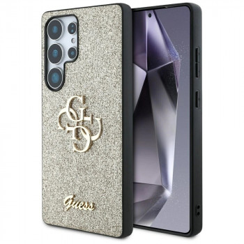 Guess Fixed Glitter Big 4G Metal Logo cietais maciņš Samsung Galaxy S25 Ultra, zelta