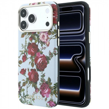 Guess GUE6026 Blossom Roses Print MagSafe vāciņš Apple iPhone 18 Pro / 17 Pro, zils