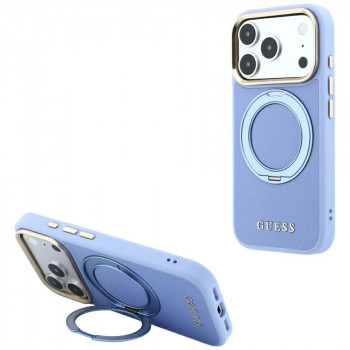 Guess Ring Stand 360 Grained Classic Logo MagSafe apvalks Apple iPhone 18 Pro Max / 17 Pro Max, gaiši zils
