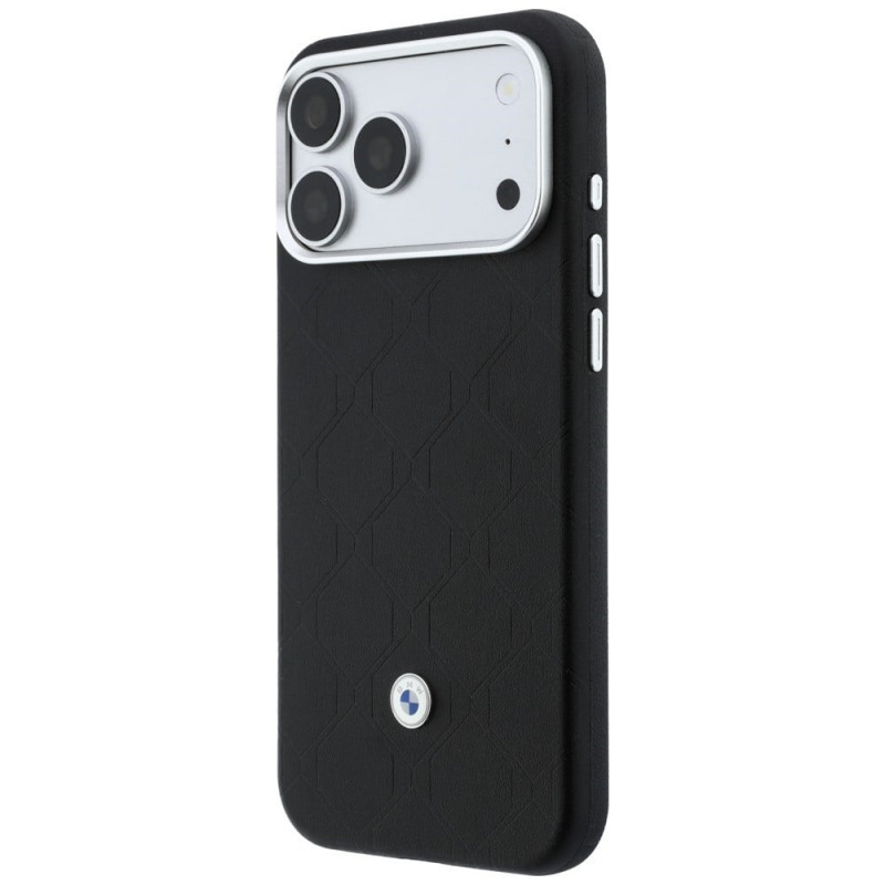 BMW Quilted Pattern Metal Logo komplekts ar apvalku un maku Apple iPhone 18 Pro / 17 Pro, melns