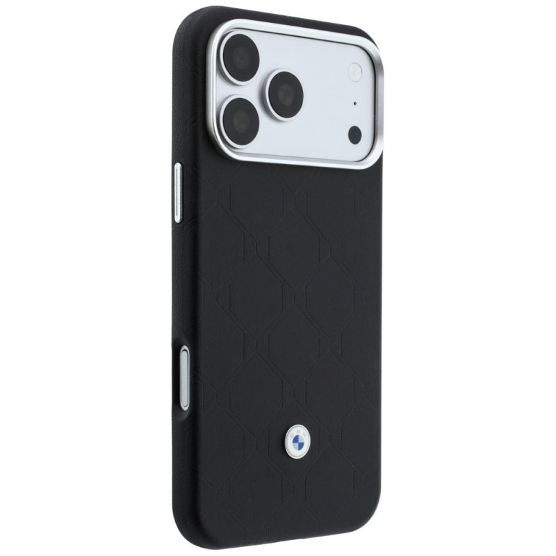 BMW Quilted Pattern Metal Logo komplekts ar apvalku un maku Apple iPhone 18 Pro / 17 Pro, melns
