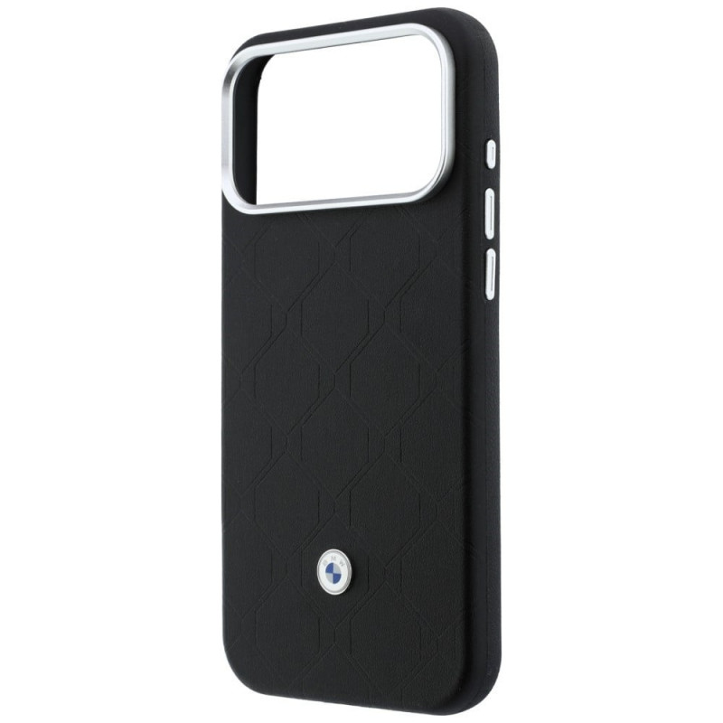 BMW Quilted Pattern Metal Logo komplekts ar apvalku un maku Apple iPhone 18 Pro / 17 Pro, melns