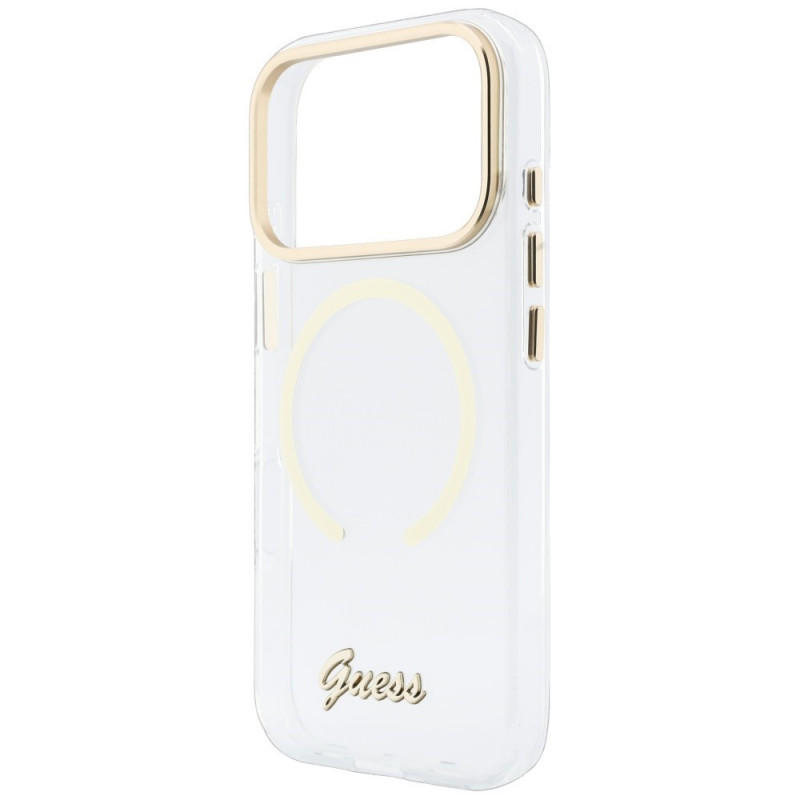Guess IML Script Metal MagSafe vāciņš Apple iPhone 18 Pro / 17 Pro, caurspīdīgs