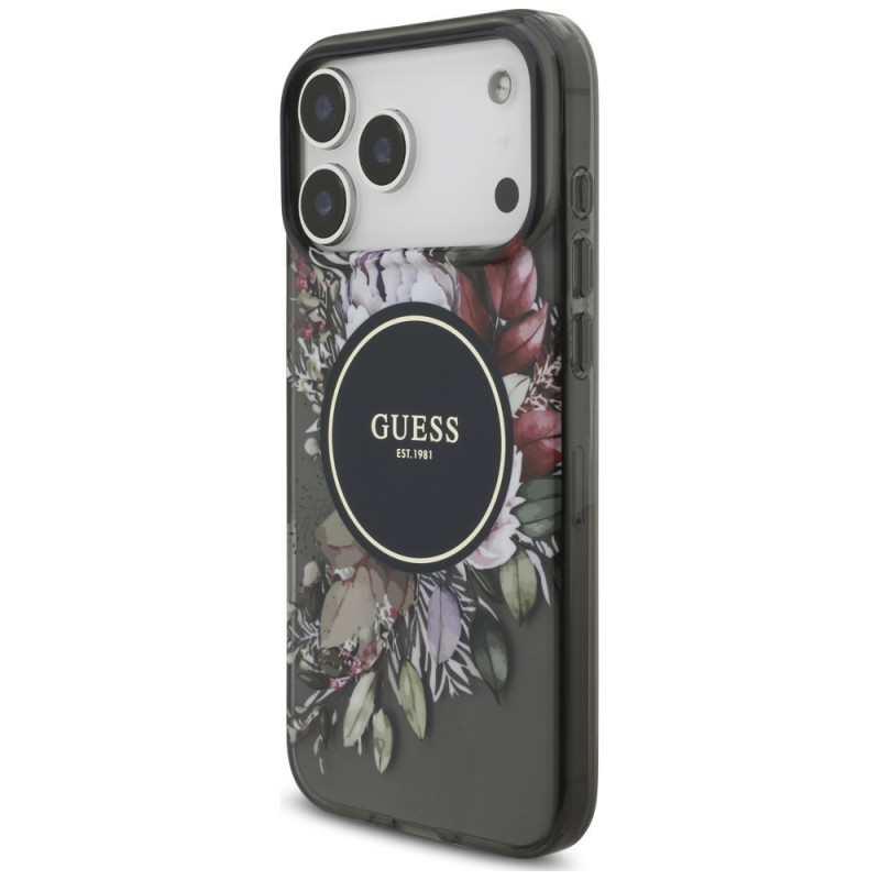 Guess IML Flowers Pearl Strap MagSafe vāciņš Apple iPhone 18 Pro Max / 17 Pro Max, melns