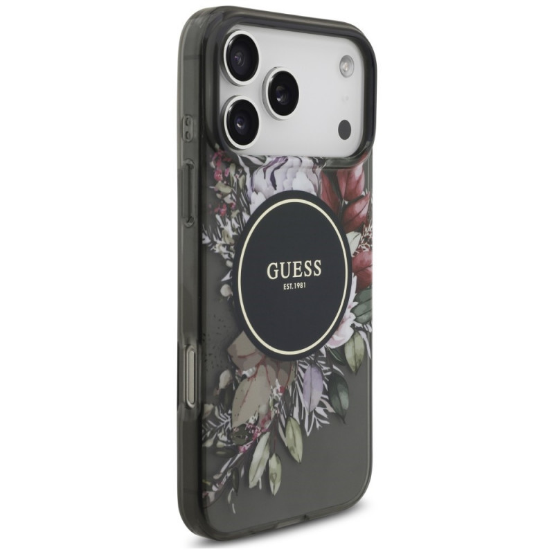 Guess IML Flowers Pearl Strap MagSafe vāciņš Apple iPhone 18 Pro Max / 17 Pro Max, melns