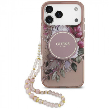 Guess IML Flowers Pearl Strap MagSafe vāciņš Apple iPhone 18 Pro / 17 Pro, rozā
