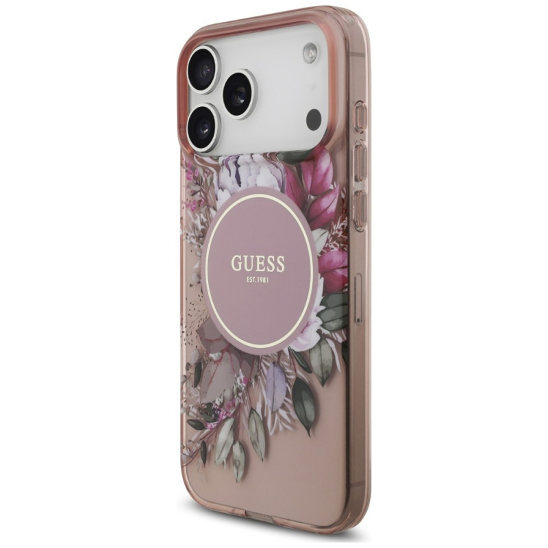 Guess IML Flowers Pearl Strap MagSafe vāciņš Apple iPhone 18 Pro / 17 Pro, rozā