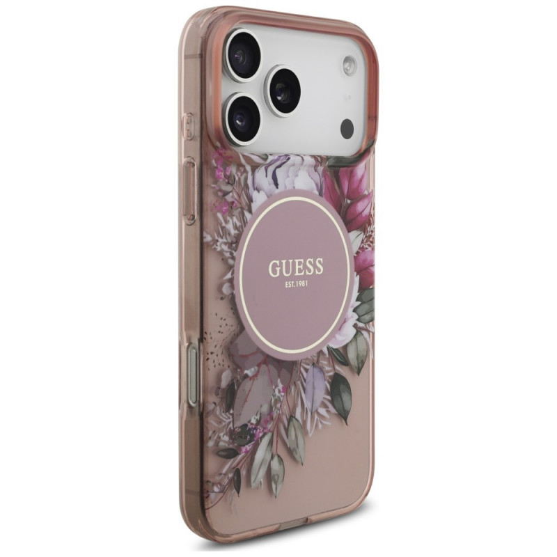 Guess IML Flowers Pearl Strap MagSafe vāciņš Apple iPhone 18 Pro / 17 Pro, rozā