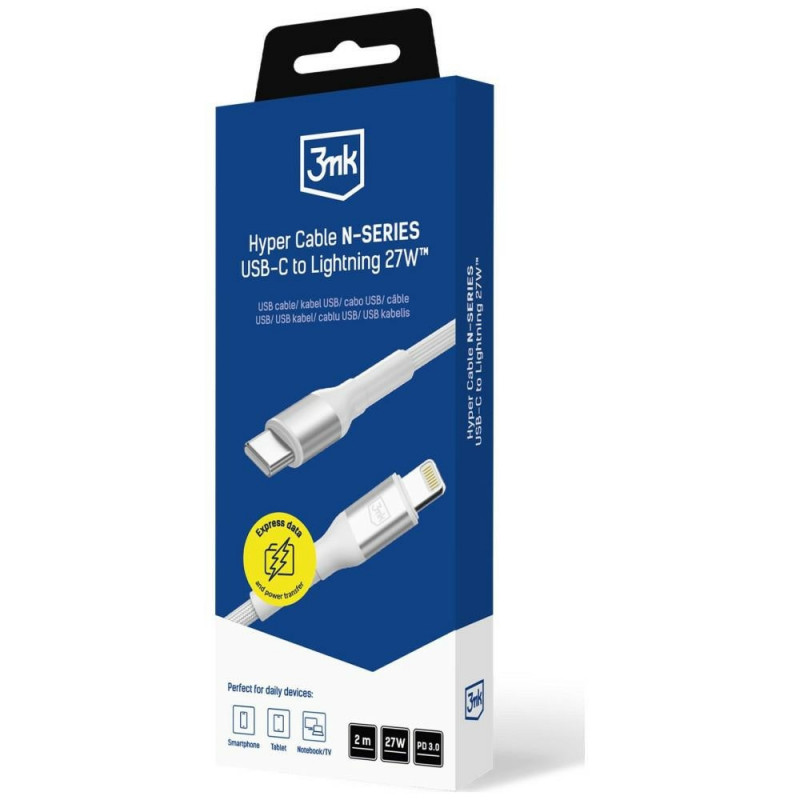 3MK Hyper Cable N-SERIES USB-C uz Lightning kabelis, 2 m, 27 W, balts